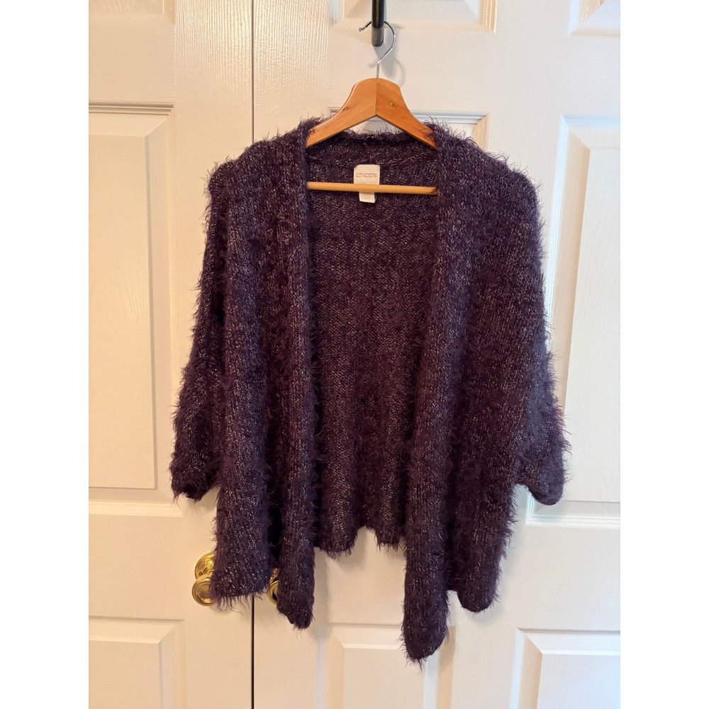 Chicos Purple Metallic Eyelash Knit Open Front Cardigan Sweater Size 3 XL